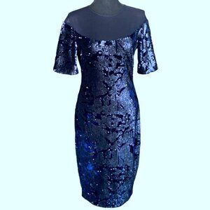 JAX BLACK LABEL Glistening Sequin Velvet Sheath Navy Blue Dress